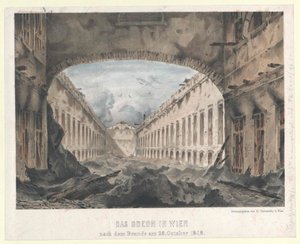 Odeon Wienissä tulipalon jälkeen klo 28. Lokakuu 1848 (värillinen litografia) tekijältä Unknown artist