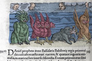 Profeetta Daniel näkee hirviöitä ilmestyvän: Haniel, Kafziel, Azriel, Aniel. Kaiverrus Wolfhartin (Conrad Lycosthene) "Prodigiorum ac ostentorum Chronicon Basileae -kirjasta" 1557 tekijältä Unknown artist