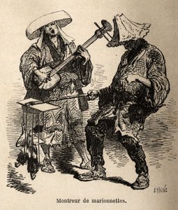Nukketeatteri ja muusikko, joka seuraa häntä katuviihteeseen. Kaiverrus havainnollistamaan matkaa Japaniin, Sveitsin valaliiton ministeri Aime Humbert 1863-1864, julkaistiin "" le tour du monde" -lehdessä, Edin johdolla. tekijältä Unknown artist