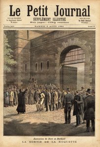 Pariisin vankilan vapauttaminen raketista 27. heinäkuuta 1891, rikolliset Dore ja Berland tuomittiin kuolemaan. Henri Meyerin kaiverrus "" Le petit Journal" -lehdessä 8.8.1891. Selvan kokoelma. tekijältä Unknown artist