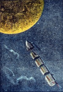 Raketti laukaistiin avaruuteen saapuessaan kuuhun - grav. Jules Vernen teoksessa "Maasta kuuhun". tekijältä Unknown artist