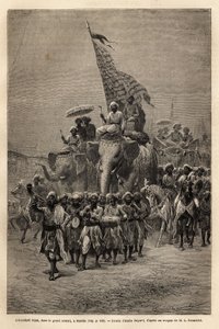 Kuninkaallinen lippu sowarissa (sotilaallinen kulkue) Barodassa (tai Vadodarassa), Gujaratin osavaltiossa Intian koillisrannikolla. Kaiverrus havainnollistamaan rajahien matkaa Intiassa, Louis Rousselet, vuosina 1864-1868, julkaistu "" Le tour du monde -le tekijältä Unknown artist
