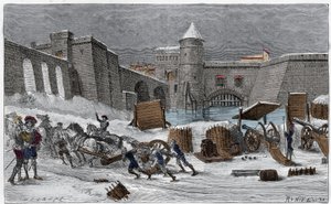 Kaarle V:n Metzin kotipaikka vuonna 1552 Gilbertin kaiverruksessa "Les sieges celebres". tekijältä Unknown artist