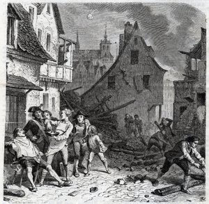 Lillen parranajoastia. Jakso Lillen piirityksestä 1792 Ranskan vallankumoussotien aikana - Le siege de Lille en octobre 1792 - Revolution francaise - Itävaltalaisten ja preussilaisten pommitukset - Parturi käyttää puolipommia partaastiana - engr tekijältä Unknown artist