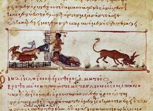 Lammaskasvatusta, oikealla jänistä, syö kääpiöpeto, joka on otettu Caracallalle omistetun Syyrian Oppianin (Oppian tai Oppianus) metsästyslypsystä ""The Cynegetics". 1000-luvun Venetsia. Biblioteca Marciana tekijältä Unknown artist