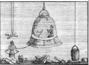 Vasemmalla olevan miehen (joka saa ilmaa isommasta kellosta) olkapäillä olevaa pientä kelloa voidaan pitää puvun kypärän esi-isänä. Sd. kaiverrus 1600- tai 1700-luvulta. tekijältä Unknown artist