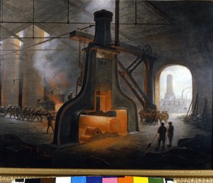 J. Nasmythin keksimä höyryvasara (rumpali), jota käytettiin Manchesterin metallurgialaitoksissa. Anonyymi maalaus tekijältä Unknown artist