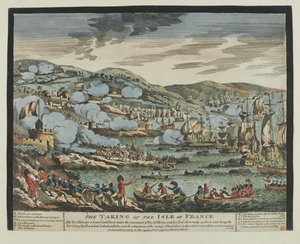 Ranskan saaren (Mauritius) valtaus 2. joulukuuta 1810 (puupiirros, värillinen) tekijältä Unknown artist