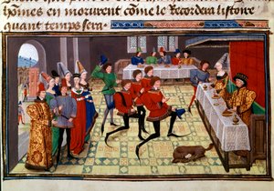 Hääjuhla Gasconyn kuninkaan Yvonin ja Renaud Miniaturen tyttären Clarissen häissä Loyset Liedetin käsikirjoituksesta "Renaud de Montauban" tai "Les quatre fils Aymon" (toimii vuosina 1448-1478). Ms. 5073. 1400-luvun Bibliotheque tekijältä Unknown artist