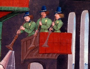 Gasconyn kuninkaan Yvonin ja trumpetinsoittimia edustavan Renaud Detailin tyttären Clarissen hääjuhla. Miniatyyri Loyset Liedetin käsikirjoituksesta "Renaud de Montauban" tai "Les quatre fils Aymon" (toimii vuosina 1448-1478). Ms 5073. tekijältä Unknown artist