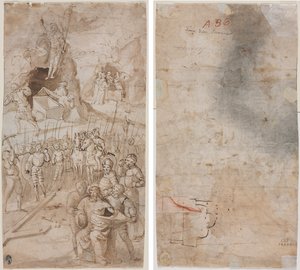 Kolme kohtausta Kristuksen kärsimyksestä (recto) Arkkitehtoninen luonnos (verso) tekijältä Unknown artist