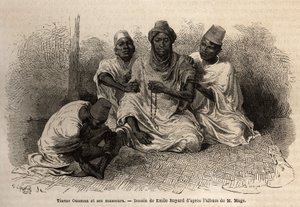Tierno Ousman, Toucouleur-heimoon kuuluva, Guemmou Kouran (Mali) kylän päällikkö, pitelee muslimirukousta isoilla jyväillä, lausuen rukouksiaan, samalla kun hänen hierojansa hierovat hänen selkää ja jalkojaan. Kaiverrus havainnollistamaan Lieuten matkaa Lä tekijältä Unknown artist