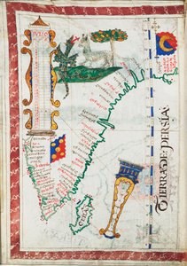 Tierra de Persia", mittakaava noin 1:13 500 000, jossa on lisäksi Etelä-Intia ja Sri Lanka, noin 1550-60 (pergamentti). tekijältä Unknown artist