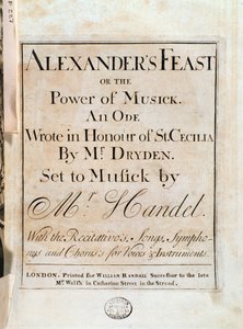 G. F. Händelin Aleksanterin juhlan musiikkipartituurin nimisivu tekijältä Unknown artist