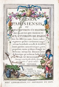 Ensimmäisen niteen nimiölehti, Flora Parisiensis tai Pariisin ympäristössä kasvavien kasvien kuvaukset ja luvut. tekijältä Unknown artist