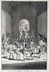 Perinteinen tanssi: Rites in the karibs dance of courage, Länsi-Intia (Keski-Amerikka). Kaiverrus 1700-luvulta. Chartres, Kuvataidemuseo tekijältä Unknown artist
