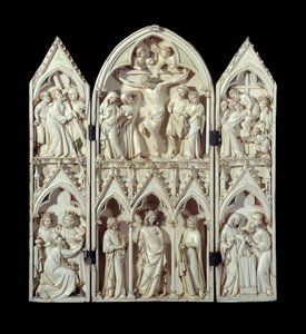 Saint-Sulpice du Tarnin triptyykki: Ristin kantaminen, Ristiinnaulitseminen, Ristin laskeutuminen, Tiedemiesten palvonta, Loistava Neitsyt, Esittely temppelissä. Kaiverretut norsunluunhohtoiset sukat. Noin 1300 Pariisi, Keskiajan kansallismuseo, Thermes d tekijältä Unknown artist