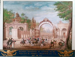 Agustin Iturbiden (1783-1824), itsenäisen Meksikon ensimmäisen keisarin, voitonsisäänkäynti Mexico Cityssä 7.9.1821 (Vapaan Meksikon ensimmäisen keisarin Agustin Iturbiden voittosisääntulo Mexico Cityssä, 7. syyskuuta tekijältä Unknown artist