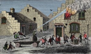 Palopumpun käyttö tulipalon sammuttamiseen. 1733 kaiverrus. tekijältä Unknown artist