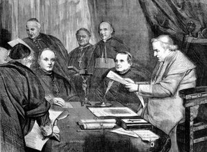 Vatikaanin kirkolliskokous I. Paavi Pius IX kirkolliskokouksen hallituksen jäsenten ympäröimänä. 1869 tekijältä Unknown artist