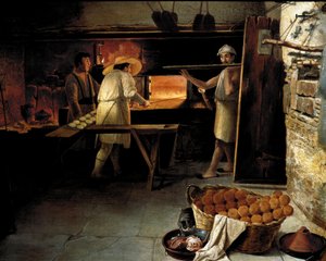 Näkymä leipomon sisältä Leipurit leipovat leipää uunissa. Anonyymi maalaus 1700-luvulta. Rooma, Museo del Folklore tekijältä Unknown artist