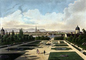 Näkymä Wienin Belvederelle, Eugene de Savoyen rakentamalle itävaltalaiselle barokkipalatsille. 1800-luvun litografia tekijältä Unknown artist