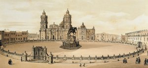 Näkymä Zocalo-aukiolle ja katedraalille Mexico Cityssä, Meksiko 1800-luvun lopun litografia tekijältä Unknown artist