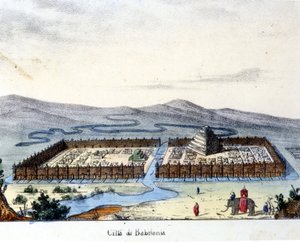 Näkymä muinaiseen Babyloniin: keskellä temppeli ja riippuvat puutarhat. Polttava sd. 1800-luvun alku. tekijältä Unknown artist