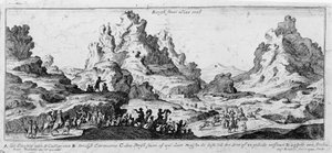 Näkymä asuntovaunuista Siinain autiomaassa. 1700-luvun kaiverrus. tekijältä Unknown artist