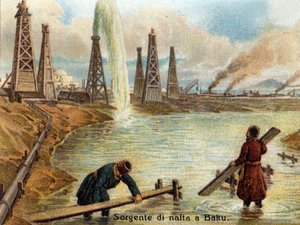 Näkymä öljylähteistä Bakussa, Azerbaidžanissa. kromolitografia noin vuodelta 1890. tekijältä Unknown artist