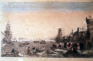 Näkymä Tunisin kaupunkiin ja satamaan barbaarisuudesta Välimerellä – vangittuja merirosvoja saapumassa Port de la Gouletteen Tunisissa. Kaiverrus 1700-luvulta. tekijältä Unknown artist
