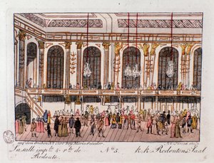 Näkymä Imperiumin ja Royal Hall of the Redoubtissa Wienissä, Itävallassa. Kaiverrus 1815 Yksityiskokoelmasta tekijältä Unknown artist
