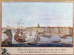 Näkymä Nevalle Talvipalatsissa ja Pietarin tiedeakatemiassa. Painos noin 1753. Paris, B.N. tekijältä Unknown artist