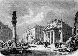 Näkymä Place de la Bourse -aukiolle Triestessä (Itävallan aikana), kaiverrus 1800-luvulta tekijältä Unknown artist