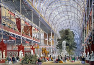 Näkymä yleisnäyttelystä Crystal Palacessa, jonka Joseph Paxton rakensi tätä tilaisuutta varten, vuonna 1851 Lontoossa tekijältä Unknown artist