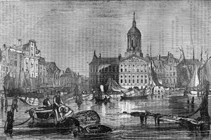 Näkymä Amsterdamin kaupunkiin ja vanhalle kaupungintalolle 1800-luvulla. tekijältä Unknown artist