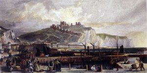 Näkymä Doverin kaupunkiin ja sen korkeille valkoisille kalkkikallioille Englannissa. 1850. tekijältä Unknown artist