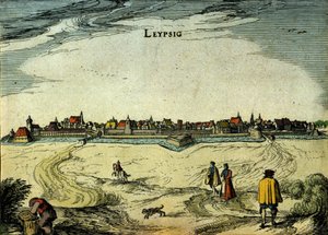 Näkymä Leipzigin kaupunkiin Saksassa. 1700-luvun kaiverrus tekijältä Unknown artist