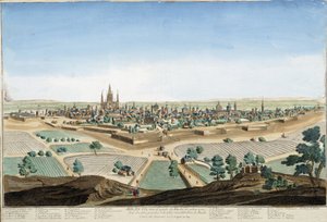 Näkymä Milanon kaupunkiin, Italiaan katedraalilla ja linnoituksilla. Kaiverrus 1700-luvulta. tekijältä Unknown artist