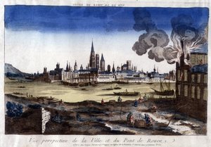 Näkymä Rouenin kaupunkiin, sen satamaan ja Seinen ylittävälle sillalle 1700-luvun lopulla. tekijältä Unknown artist
