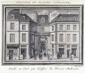 Näkymä Plessis Sorbonnen yliopiston (Pariisi) ulkojulkisivulle, jonka Geoffroy of Plessis Balisson perusti vuonna 1323 ja jota ENA käytti vuosina 1848–1849. Kaiverrus säilytetty Musee Carnavaletissa, Pariisissa. tekijältä Unknown artist