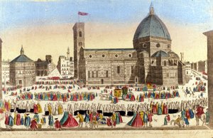 Näkymä Firenzen suurelle katedraalille (Duomo Santa Maria del Fiore), jonka on toteuttanut Filippo Brunelleschi, Pyhän Jumalan kulkuepäivänä. 1790 noin tekijältä Unknown artist