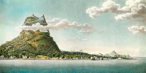 Näkymä Bora Boran saarelle nykyisessä Ranskan Polynesiassa. Kaiverrus 1700-luvulta. Yksityinen kokoelma tekijältä Unknown artist