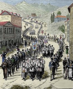 Näkymä kulkueesta asemalta Lourdesin luolaan Korkealla Pyreneillä, missä Neitsyt ilmestyi Bernadette Soubirousille (1844-1879) vuonna 1858, nykyinen pyhiinvaelluspaikka. Kaiverrus 1800-luvulta tekijältä Unknown artist