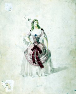 Violetta-asu Giuseppe Verdin oopperaan "La Traviata" La Scalaan vuodelta 1855. tekijältä Unknown artist