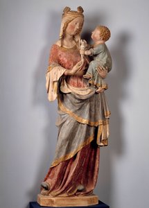 Neitsyt ja lapsi Lapsi pitää kyyhkystä. Monivärinen kiviveistos 1300-luvun alusta. Champeuil, seurakunnan kirkko tekijältä Unknown artist
