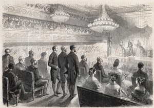 Preussilaisen Vilhelm I:n (1797-1888) vierailu Compiegnessa: gaalaesitys palatsiteatterissa Napoleon III:n (1808-1873) läsnä ollessa - Kaiverrus "" The Illustrous World"" tekijältä Unknown artist