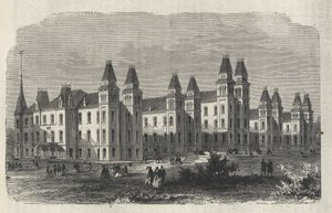 Ward Islandin siirtolaissairaala - New Yorkin osavaltio - Emigration Commission Establishment - Kaiverrus vuoden 1869 "Maailmankaikkeudessa" tekijältä Unknown artist