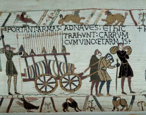 William Valloittajan (1027-1087) laivastot tuovat aseita ja viiniä laivoille Englannin valloitusta varten vuonna 1066. Yksityiskohta Bayeux