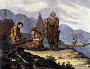 Länsi-Grönlannin rannikon eskimot. 1800-luvun alun litografia tekijältä Unknown artist